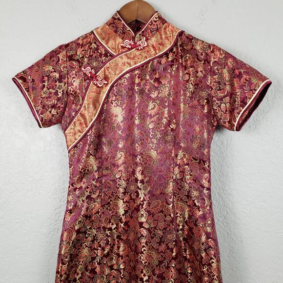 Silk Blend Asian Style Sheath Dress Red Gold - S - Picture 3 of 7